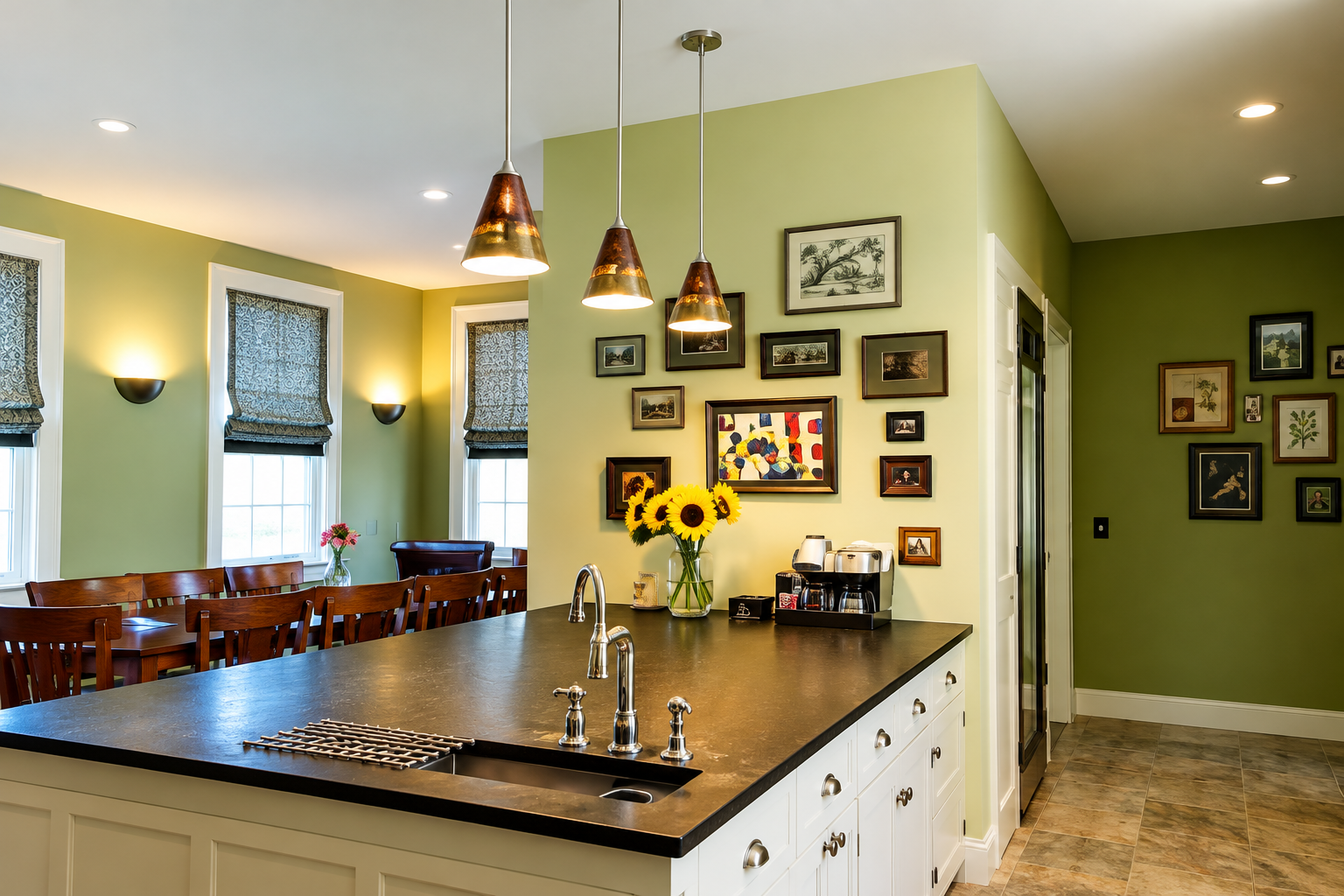 Pendant and recessed lighting in a residential kitchen